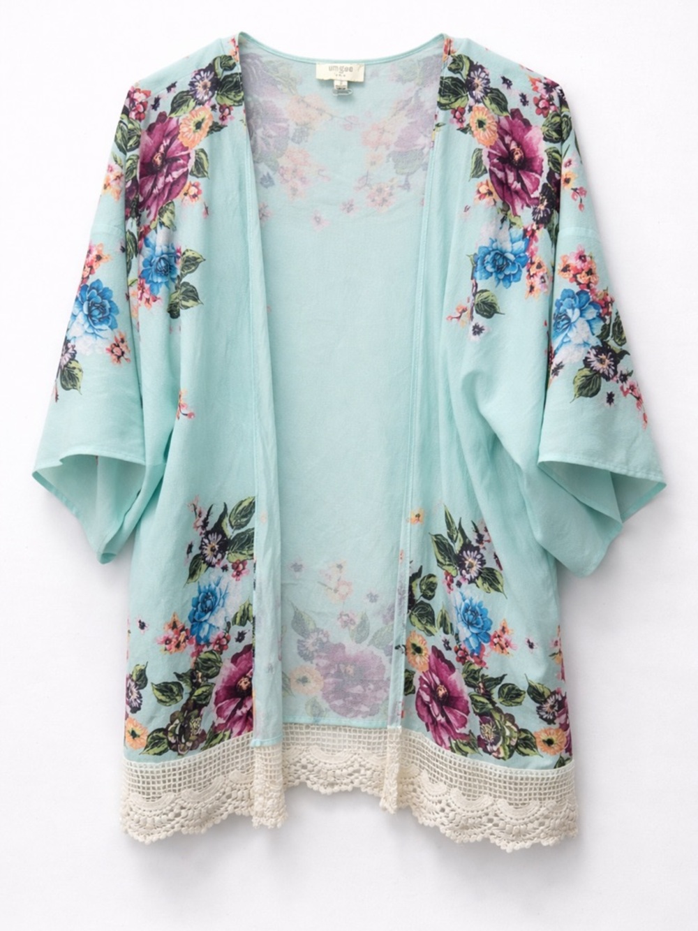 Umgee Aqua Floral Kimono Top with Cream Lace Trim